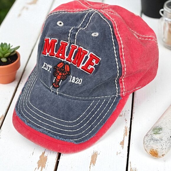 Vintage Maine Red & Blue Embroidered Adjustable Lobster Hat - Picture 1 of 8